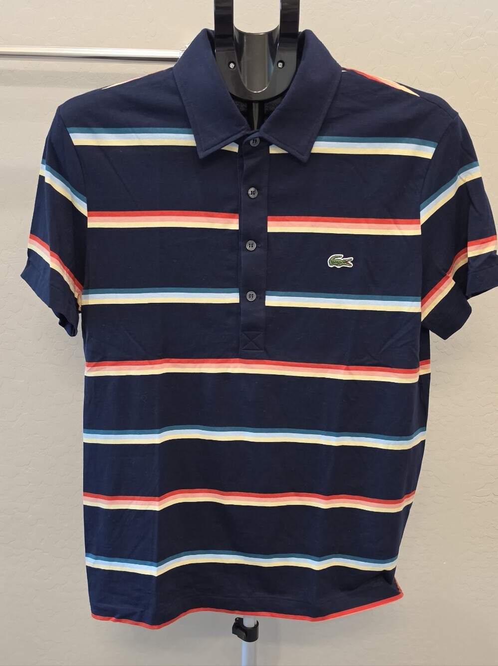 Lacoste Short-Sleeve Black & White Pinstripe Dress Polo